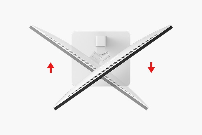 L’immagine illustra la funzione di rotazione di un monitor, mostrando come lo schermo può essere ruotato verso sinistra e verso destra per un posizionamento flessibile.