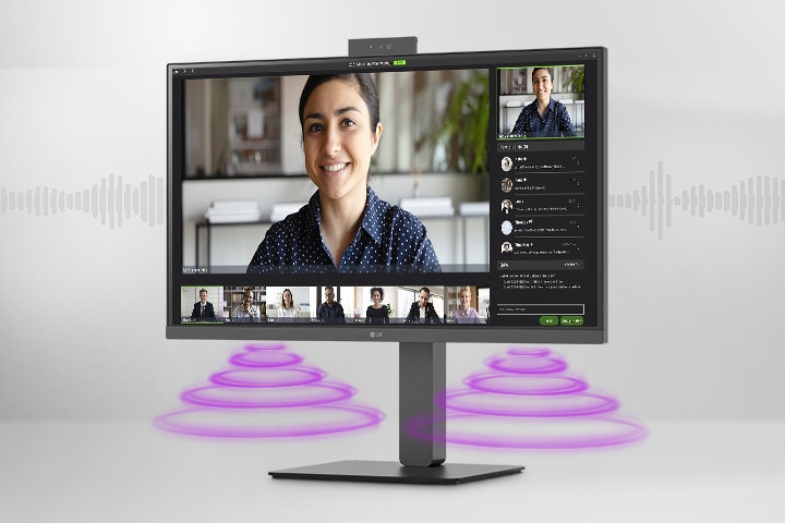 Vista laterale che mostra la scena della videoconferenza sul monitor.