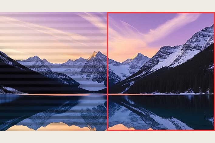 Immagine comparativa del lato destro con la protezione contro il flicker applicata e del lato sinistro senza protezione contro il flicker applicata.	