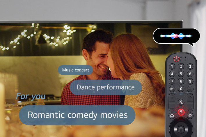 Questa è un'immagine che mostra le immagini dei film sullo schermo dopo aver cercato “film commedia romantica” con il telecomando magico.
