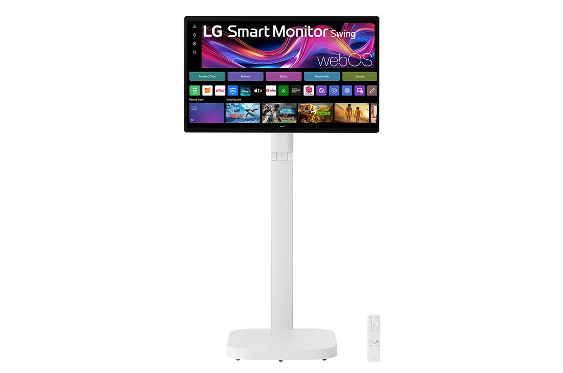 +30 degree side view of 32” LG Smart Monitor Swing (32U889SA), 4K IPS Touch Display, Adjustable Stand with Wheels, webOS, Bluetooth, 3xUSB-C, 2xHDMI, Magic Remote, White with monitor height adjusted downward