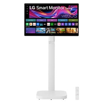+30 degree side view of 32” LG Smart Monitor Swing (32U889SA), 4K IPS Touch Display, Adjustable Stand with Wheels, webOS, Bluetooth, 3xUSB-C, 2xHDMI, Magic Remote, White with monitor height adjusted downward