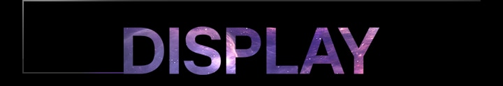 La parola “DISPLAY” in grandi lettere sfumate, centrata su uno sfondo scuro, con un sottile contorno a forma di rettangolo che si estende da sinistra.