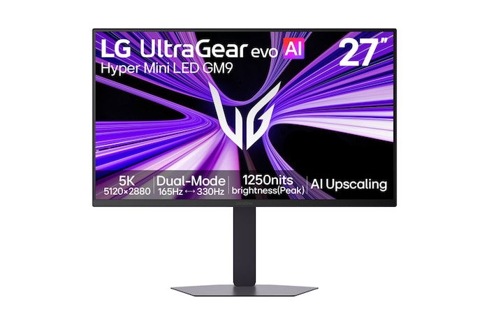 Vue de face du moniteur de jeu UltraGear evo GM9 de 27 pouces, moniteur de jeu Hyper Mini LED à double mode (5K 165 Hz ou QHD 330 Hz) (27GM950B)