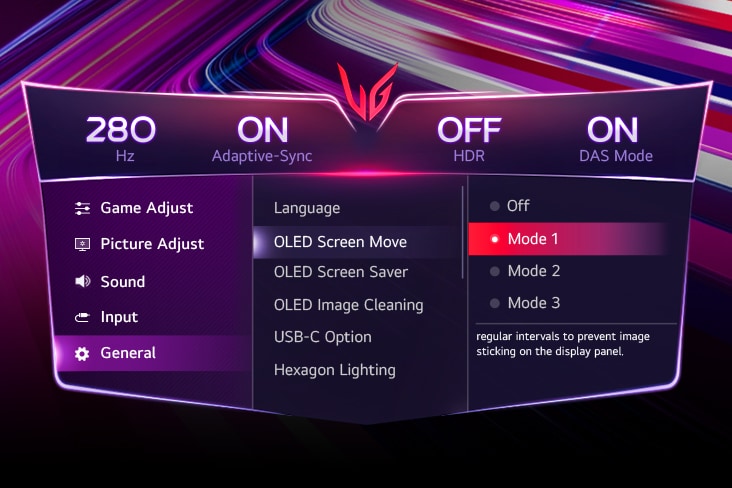 Immagine dell’interfaccia grafica con le impostazioni di OLED Screen Move.	