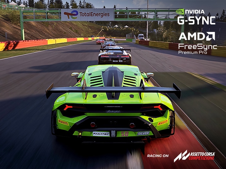 A racing game scene showing a bright green sports car leading on a track, with multiple cars following behind under the AMD FreeSync Premium Pro feature.
