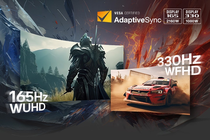 Cavaliere e auto da corsa che mostrano 165Hz WQHD e 330Hz WFHD.