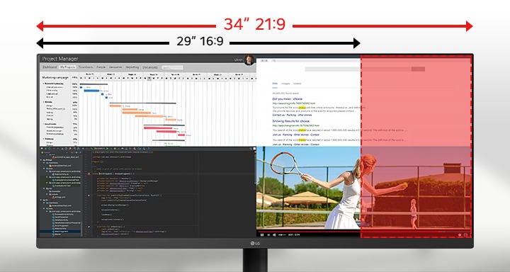Monitor LG UltraWide che visualizza più applicazioni su uno schermo 21:9 da 34 pollici, con un confronto evidenziato che mostra lo spazio orizzontale aggiuntivo rispetto a un display standard da 29 pollici in formato 16:9.