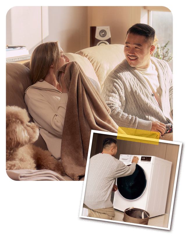 Una coppia felice avvolta in vestiti appena asciugati dall'asciugatrice LG