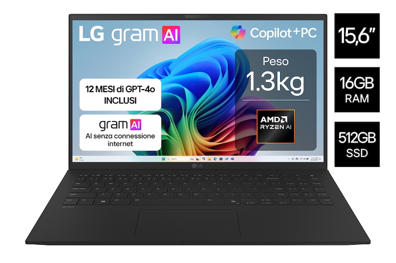 Vista frontale di Notebook gram 15,6"; Copilot+ PC, Windows 11 Home, Ryzen AI 7, 16GB RAM, 512GB SSD, Nero 15Z80T-G.AU75D