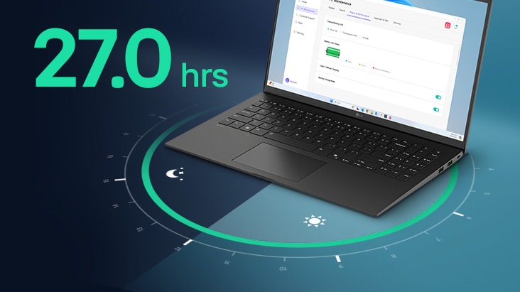 Un laptop che mostra sullo schermo un’interfaccia di monitoraggio dell’uso della batteria, circondato da una rappresentazione visiva circolare del tempo. Il testo "27,0 ore" è ben evidenziato, sottolineando la lunga durata della batteria.