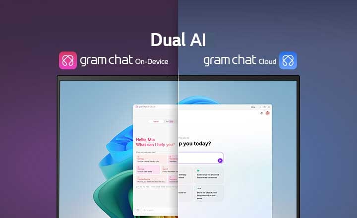 Un'immagine a schermo diviso che mostra 'gram AI' con due modalità distinte: 'gram chat On-Device' a sinistra, rappresentata da un'icona rosa, e 'gram chat Cloud' a destra, rappresentata da un'icona blu. Lo schermo visualizza un'interfaccia AI, simboleggiando la funzionalità AI senza soluzione di continuità in entrambe le modalità.