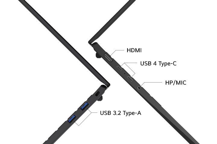 L'immagine mette in evidenza le porte laterali di un laptop, tra cui HDMI, USB 4 Type-C, HP/MIC e USB 3.2 gen2 Type-A. Vengono così evidenziate le opzioni di connettività versatili del laptop.