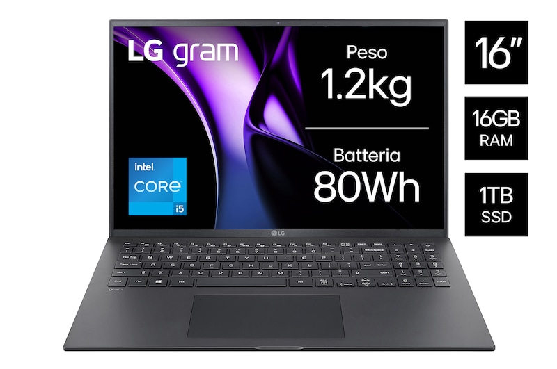 Vista frontale di Notebook gram 16", Windows 11 Home, i5, 16GB RAM, 1TB SSD, Nero 16Z90RU-G.AA58D