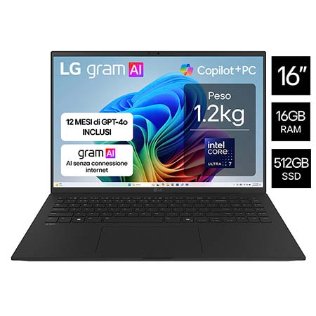 Notebook gram 16"; Copilot+ PC, Windows 11 Home, Ultra 7, 16GB RAM, 512GB SSD, Nero - 16Z90TL-G.AU78D | LG IT