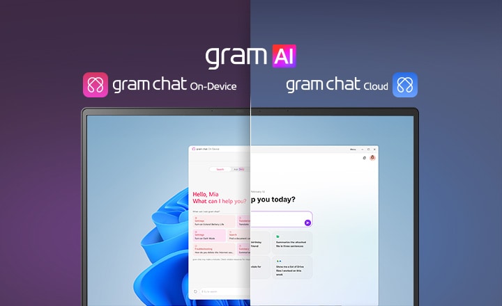 Un’immagine a schermo diviso che mostra “gram AI” con due modalità diverse: “gram chat On-Device” a sinistra, rappresentata da un’icona rosa e “gram chat Cloud” a destra, rappresentata sa un’icona blu. Lo schermo mostra un’interfaccia di IA, simboleggiando la funzionalità perfetta dell’IA in entrambe le modalità.