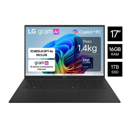 Notebook gram 17; Copilot+ PC, Windows 11 Home, Ultra 7, 16GB RAM, 1TB SSD, Obsidian - 17Z90TL-G.AU78DN | LG IT