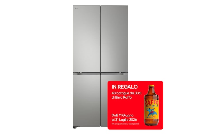 Frigorifero Multidoor Slim LG GMBS30SDPY, vista frontale a quattro ante in finitura silver.. con bollo promozione