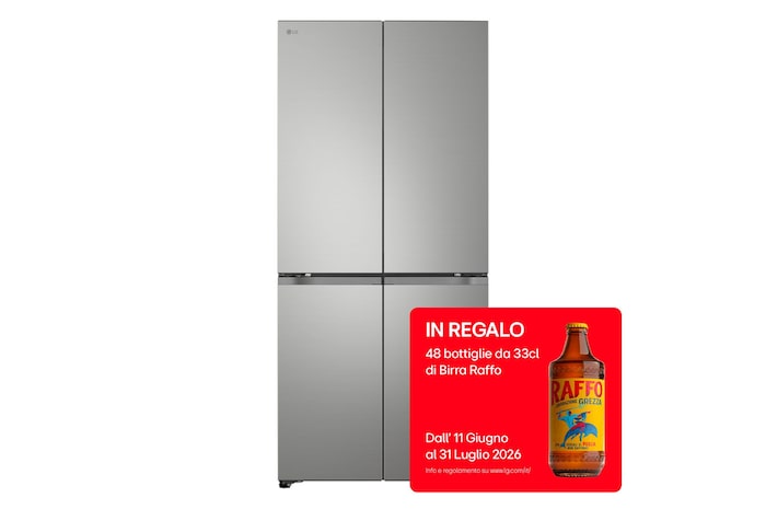 Frigorifero Multidoor Slim LG GMBS30SEPY, vista frontale a quattro ante in finitura silver.