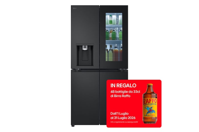 Foto frontale del frigorifero LG GMG860EPBE con bollo promozione birra in regalo