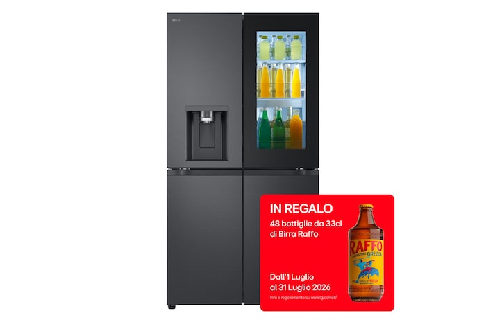 Foto frontale del frigorifero LG GMG960EVJE con bollo promozione birra in regalo