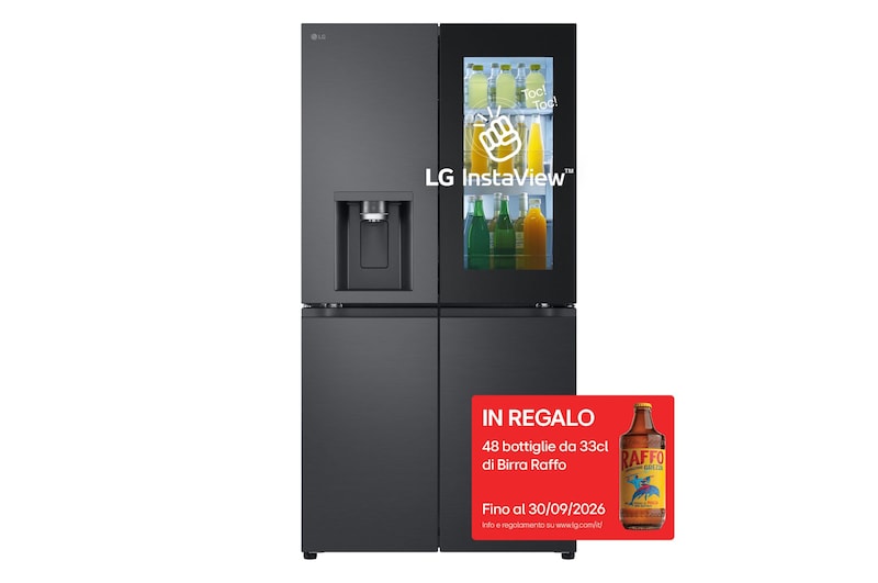 Vista frontale di Frigorifero Multidoor InstaView | Classe E, 638L | Wi-Fi, Dispenser UVnano con allaccio, Metal Fresh, No frost | Nero GMG960EVJE