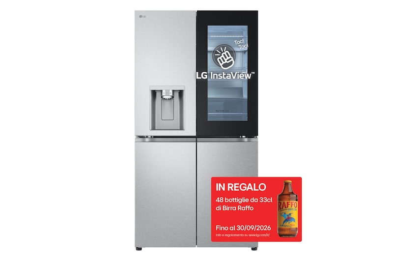 Vista frontale di Frigorifero Multidoor InstaView | Classe E, 638L | Wi-Fi, Dispenser UVnano con allaccio, Metal Fresh, No frost | Acciaio GMG960MBJE