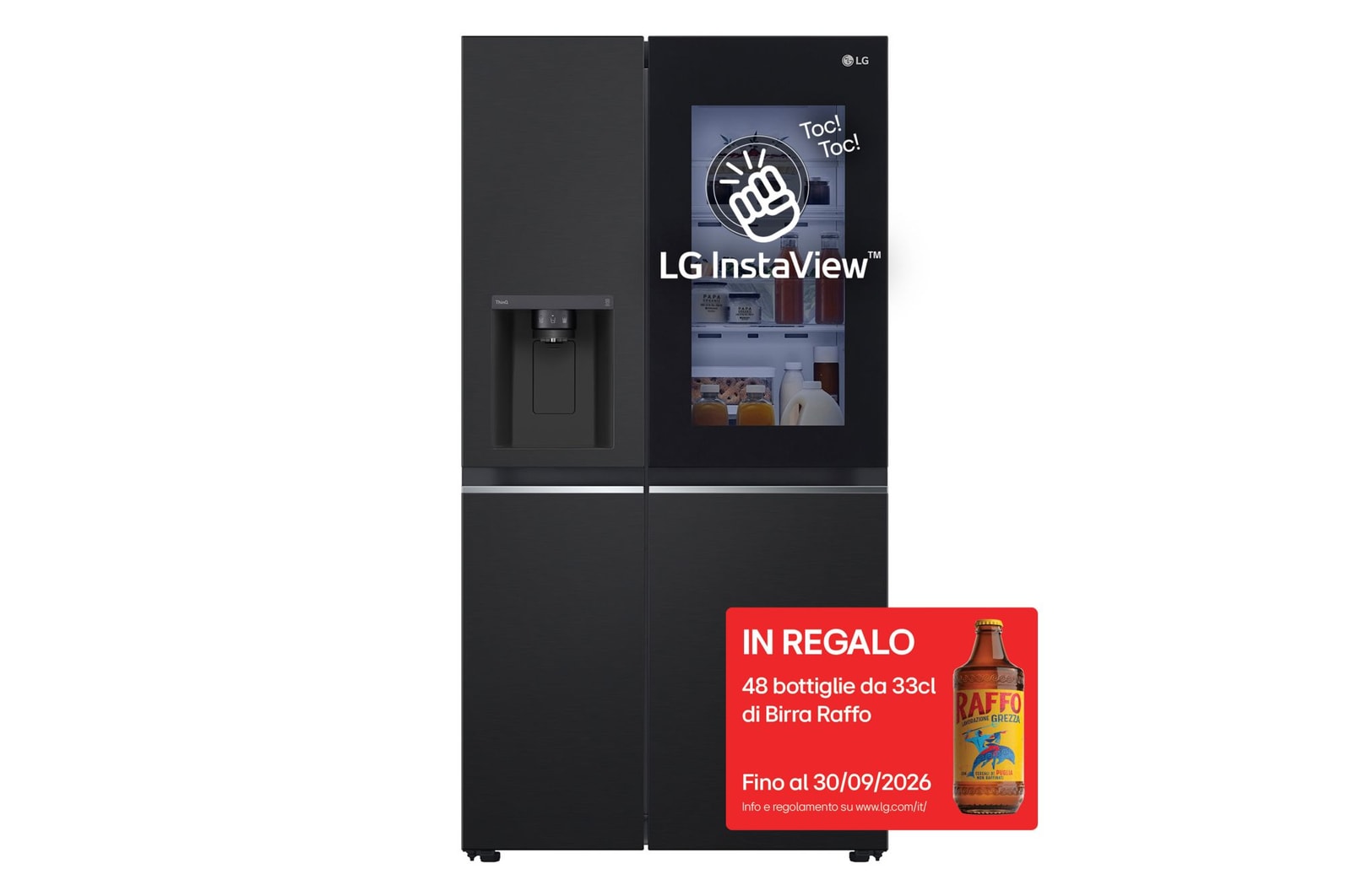 Vista frontale di Frigorifero Side-by-Side InstaView | Classe E, 635L | Wi-Fi, Dispenser con allaccio, Fresh Balancer, No frost | Nero opaco GSGV80EPLL