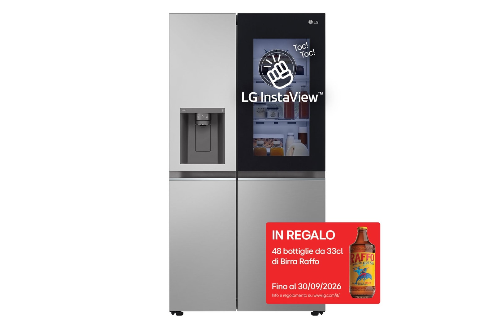 Vista frontale di Frigorifero Side-by-Side InstaView | Classe D, 635L | Wi-Fi, Dispenser con allaccio, Fresh Balancer, No frost | Argento GSGV80PYLD