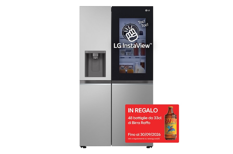 Vista frontale di Frigorifero Side-by-Side InstaView | Classe E, 635L | Wi-Fi, Dispenser senza allaccio, Fresh Balancer, No frost | Prime Silver GSGV81PYLL