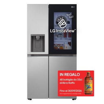 Vista frontale di Frigorifero Side-by-Side InstaView | Classe E, 635L | Wi-Fi, Dispenser senza allaccio, Fresh Balancer, No frost | Prime Silver GSGV81PYLL
