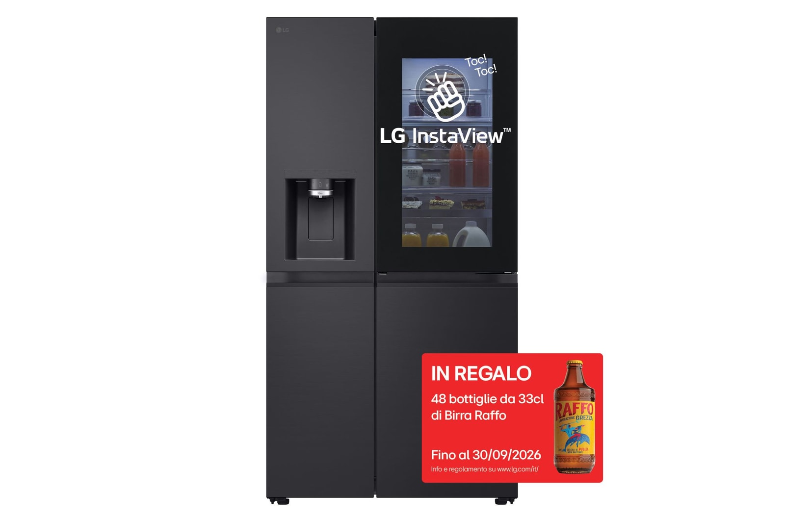 Vista frontale di Frigorifero Side-by-Side InstaView Door-in-Door | Classe D, 628L | Wi-Fi, Dispenser con UVnano, No frost | Black Steel GSXE91EVAD