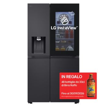 Vista frontale di Frigorifero Side-by-Side InstaView Door-in-Door | Classe D, 628L | Wi-Fi, Dispenser con UVnano, No frost | Black Steel GSXE91EVAD
