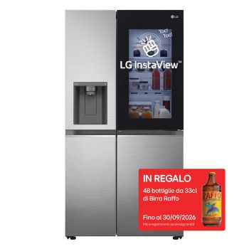 Vista frontale di Frigorifero Side-by-Side InstaView Door-in-Door | Classe E, 635L | Wi-Fi, Dispenser con allaccio, No frost | Inox GSXV80PZLE