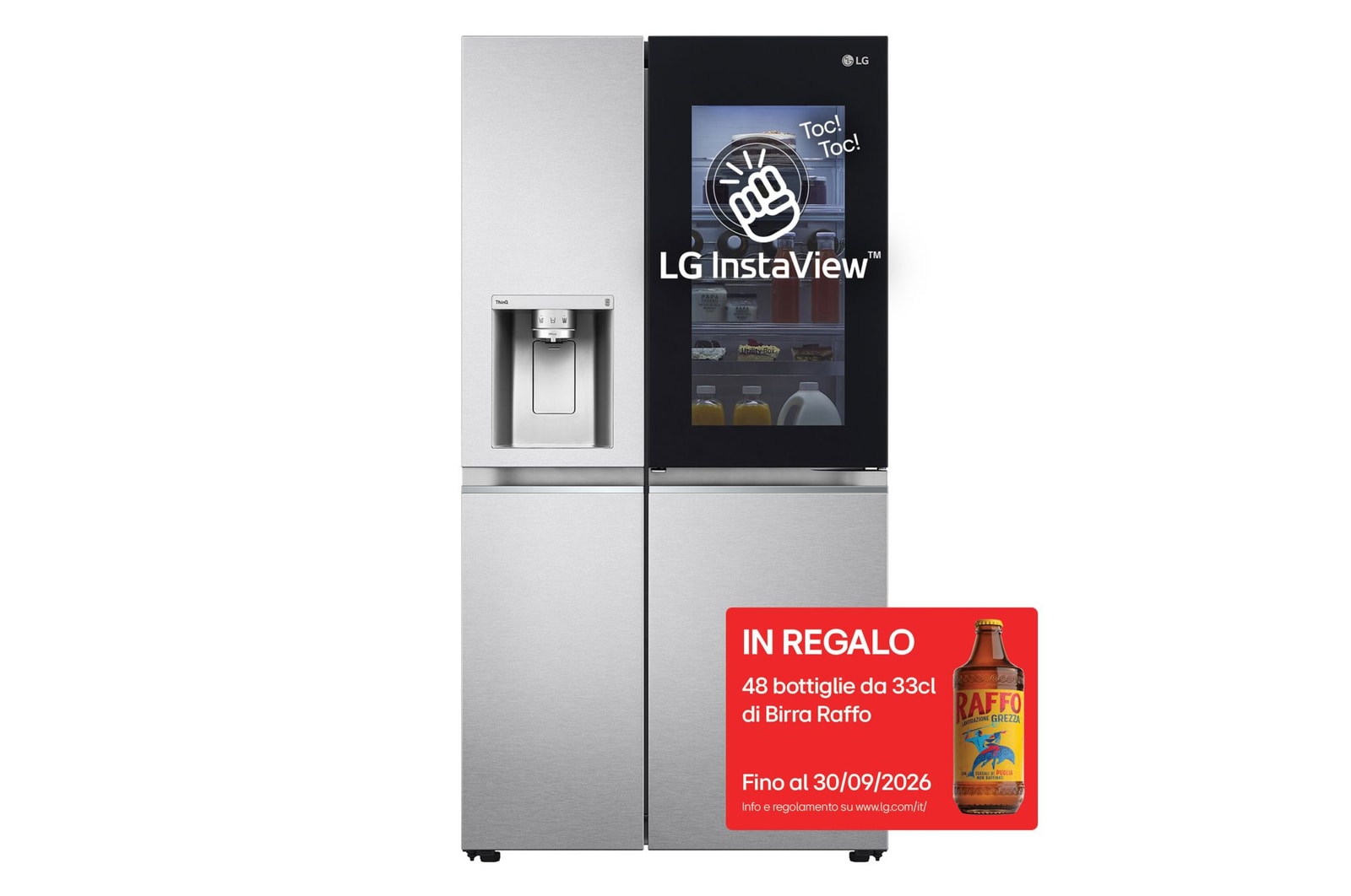 Vista frontale di Frigorifero Side-by-Side InstaView Door-in-Door | Classe E, 635L | Wi-Fi, Dispenser con allaccio, UVnano, No frost | Acciaio GSXV90MBAE