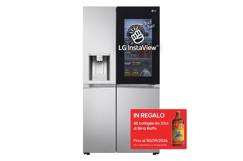 Vista frontale di Frigorifero Side-by-Side InstaView Door-in-Door | Classe E, 635L | Wi-Fi, Dispenser con allaccio, UVnano, No frost | Acciaio GSXV90MBAE