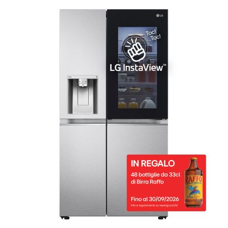 Vista frontale di Frigorifero Side-by-Side InstaView Door-in-Door | Classe E, 635L | Wi-Fi, Dispenser con allaccio, UVnano, No frost | Acciaio GSXV90MBAE