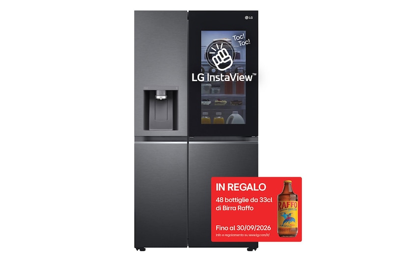 Vista frontale di Frigorifero Side-by-Side InstaView Door-in-Door | Classe E, 635L | Wi-Fi, Dispenser senza allaccio, UVnano, No frost | Nero GSXV91MCAE
