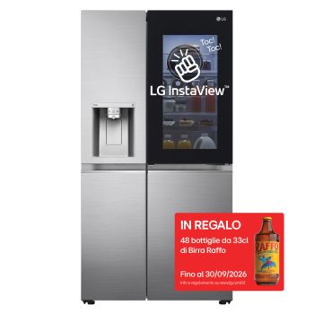 Vista frontale di Frigorifero Side-by-Side InstaView Door-in-Door | Classe E, 635L | Wi-Fi, Dispenser senza allaccio, UVnano, No frost | Inox GSXV91PZAE