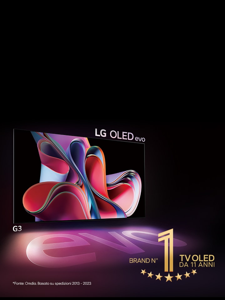  Immagine di un LG OLED G3 su sfondo nero che mostra un'opera d'arte astratta rosa e viola. Il display proietta un'ombra colorata con la parola "evo". Il logo "Il TV OLED numero 1 al mondo da 11 anni" è posizionato nell’angolo superiore sinistro dell’immagine. 