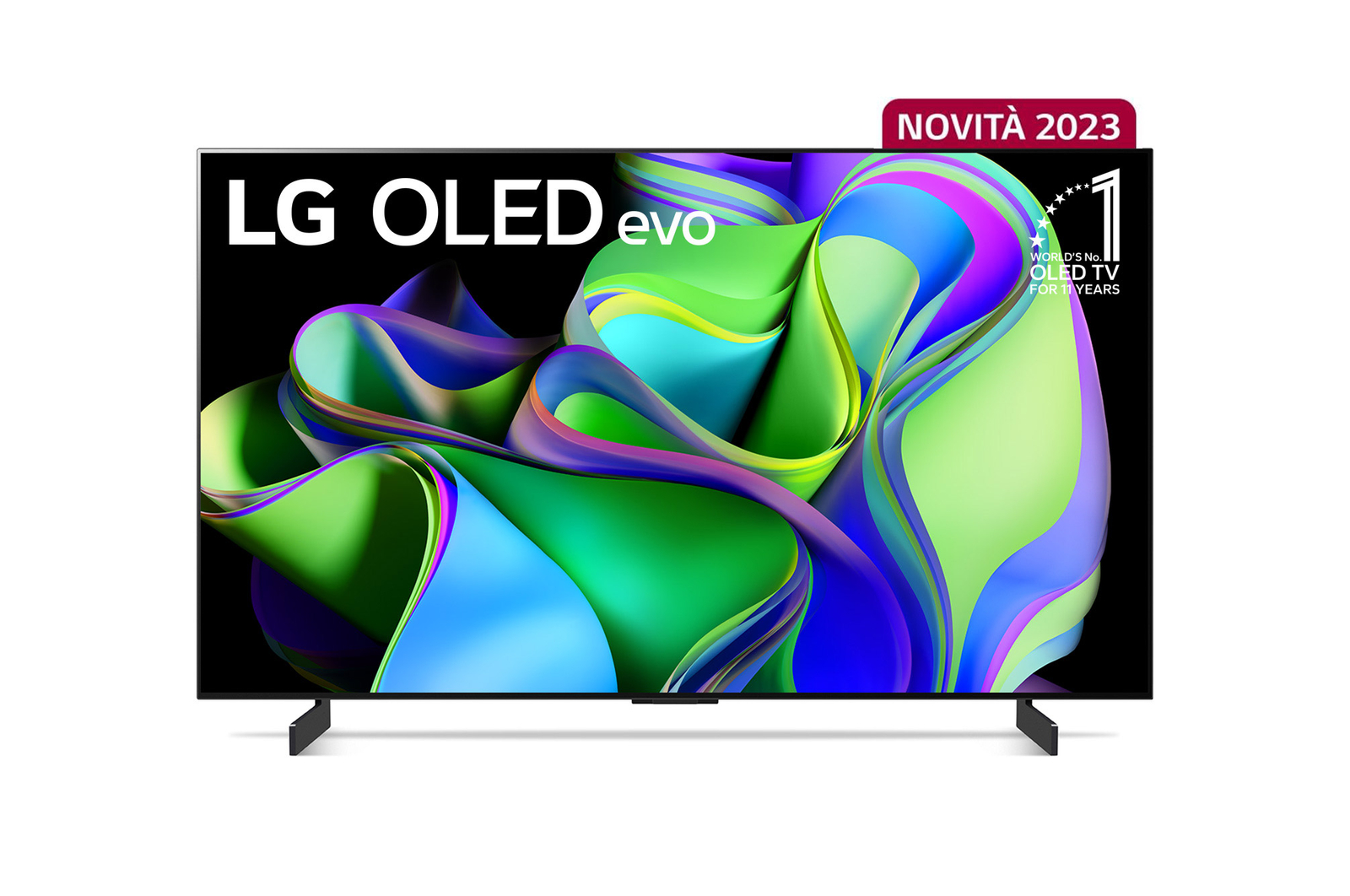 Front view with LG OLED evo and 10 Years World No.1 OLED Emblem on screen.