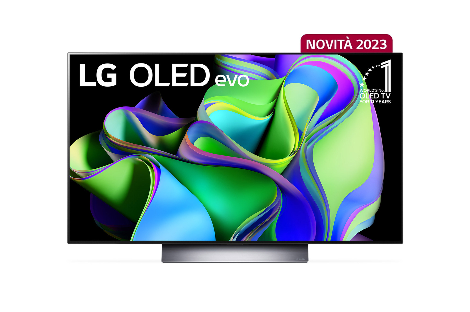 Front view with LG OLED evo and 10 Years World No.1 OLED Emblem on screen.