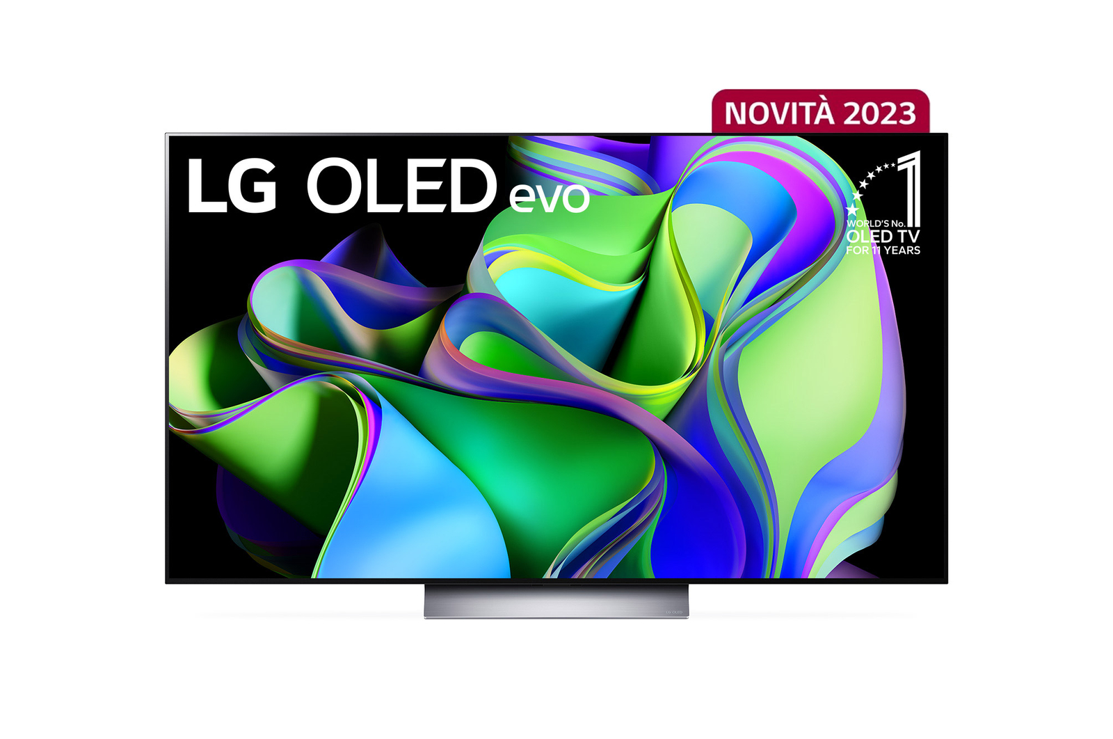 Front view with LG OLED evo and 10 Years World No.1 OLED Emblem on screen.