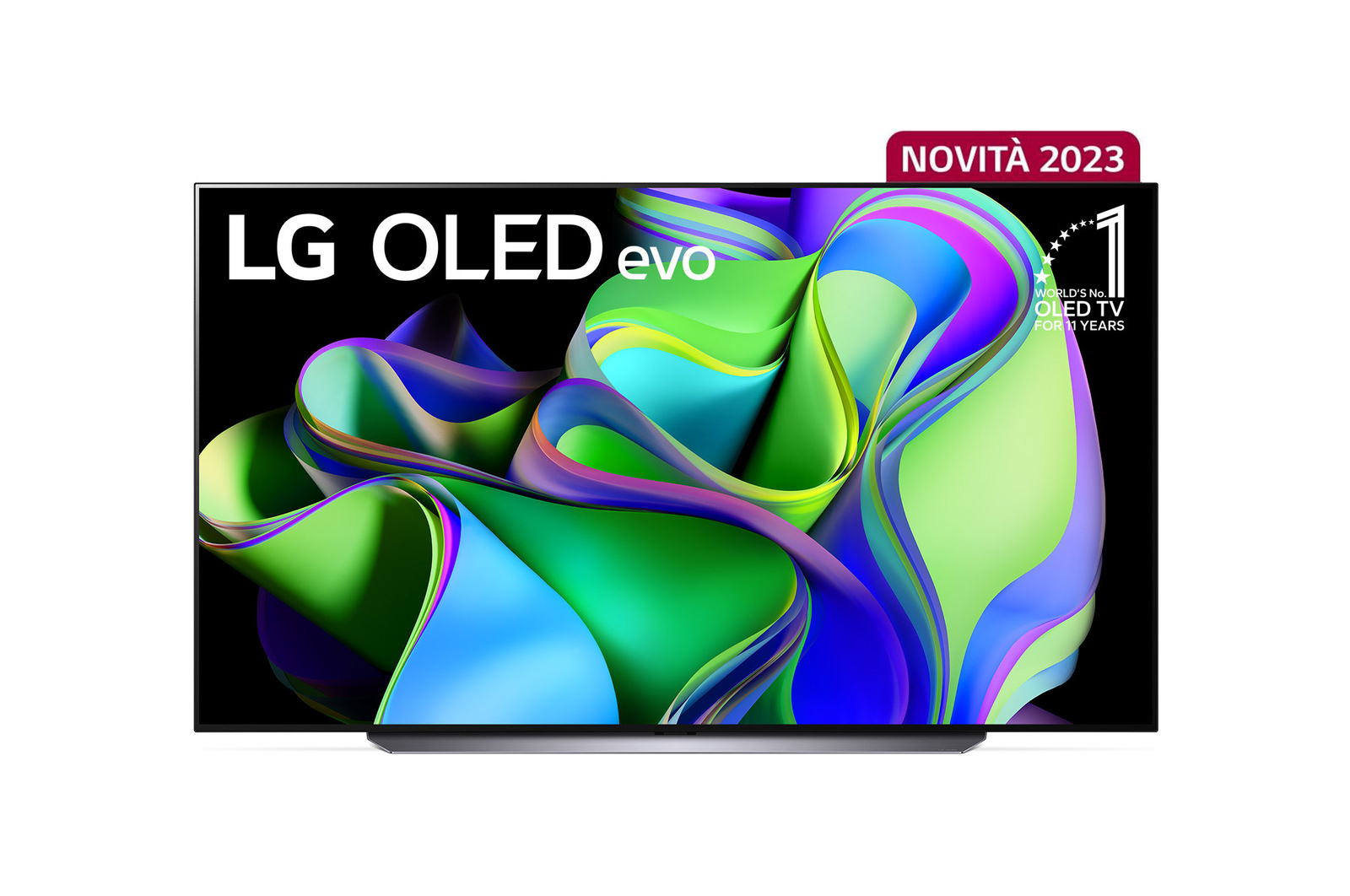 Front view with LG OLED evo and 10 Years World No.1 OLED Emblem on screen.