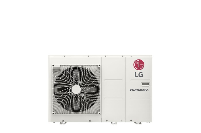 Vista frontale di LG R32 Monobloc S rettangolare bianco con una ventola rotonda e il logo LG in alto a destra.