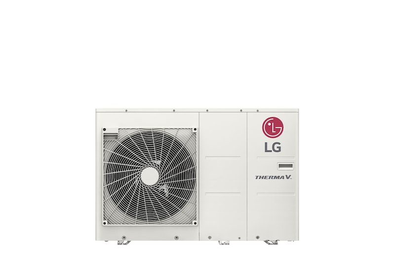 Vista frontale di LG R32 Monobloc S rettangolare bianco con una ventola rotonda e il logo LG in alto a destra.