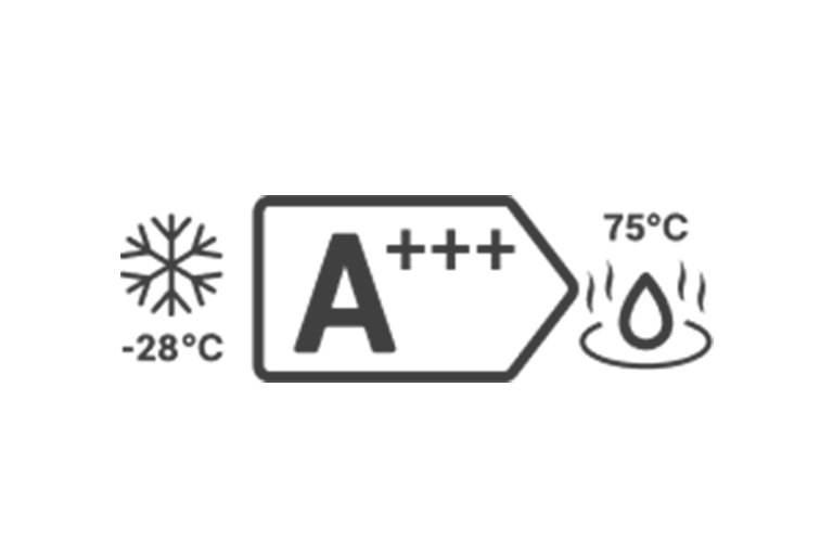 Una grande freccia pentagramma con la lettera “A+++” al centro. Sulla sinistra c’è l’icona di un fiocco di neve con “-28 °C” e l’icona di una goccia d’acqua con “75 °C” sulla destra.