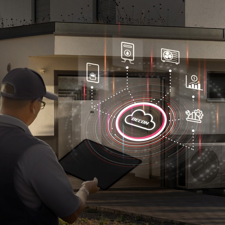 A sinistra si trova uno smartphone con visualizzata l’app LG ThinQ, collegato a un monoblocco LG e un modem Wi-Fi a destra tramite una linea tratteggiata.