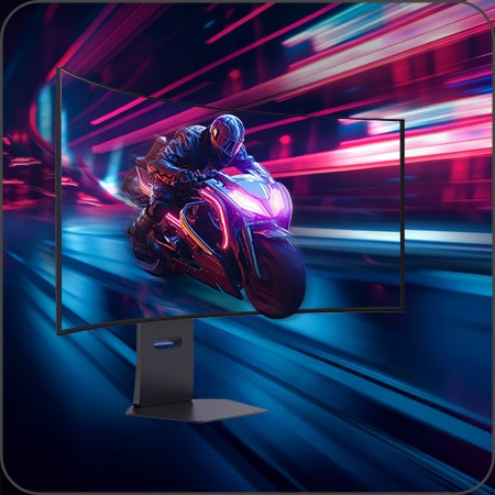 Monitor da gaming che mostra una scena di corsa in moto ad alta velocità, con enfasi sul tempo di risposta ultra-rapido di 0,03 ms (GtG) e effetti di motion blur dinamico.