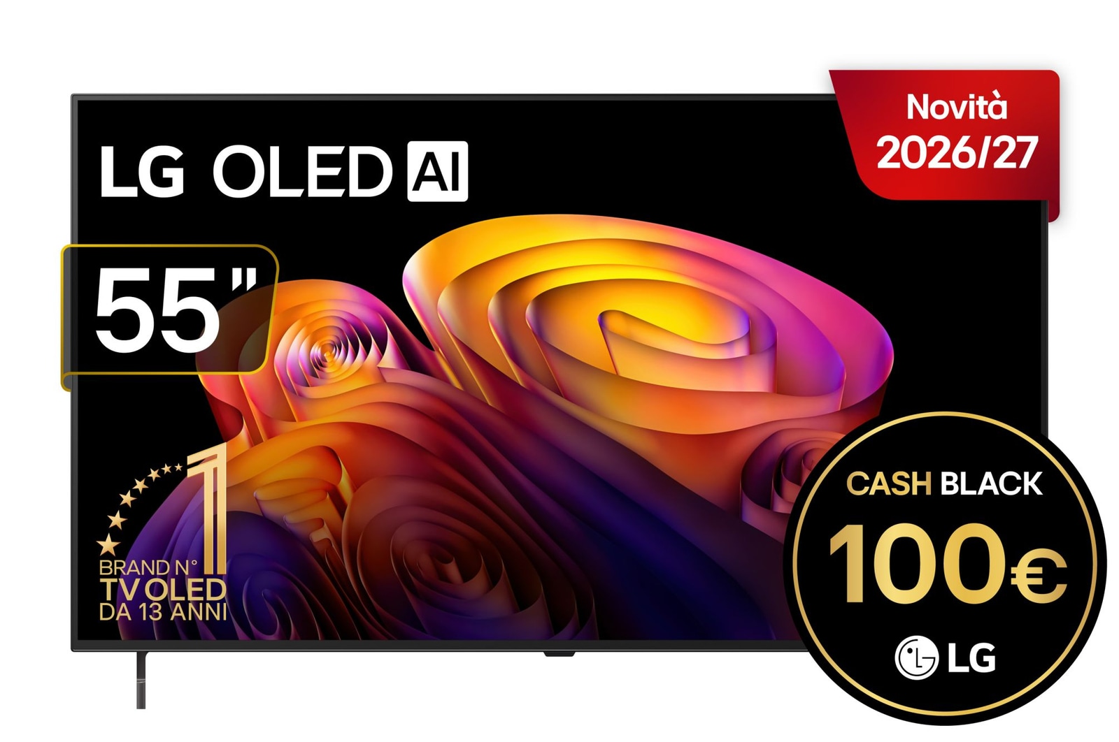 Vista frontale di TV 55 pollici LG OLED AI B6E 4K Smart TV 2026 OLED55B6ELC
